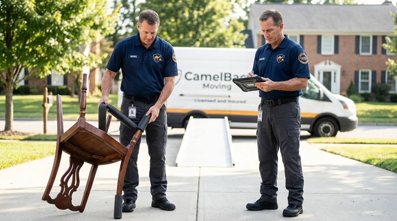 Movers inspecting furniture for damage prevention before loading in Saugus, MA